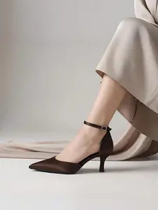 New Spring Summer Women's Chocolate Brown Satin Ankle Strap Heels, Pointed Toe Hollow Out Stiletto Dress Pumps, Adjustable Buckle Elegant High Heels, Shoe (For Office Work, Weddings, Evening Parties, Prom, Date Nights & Daily Wear)