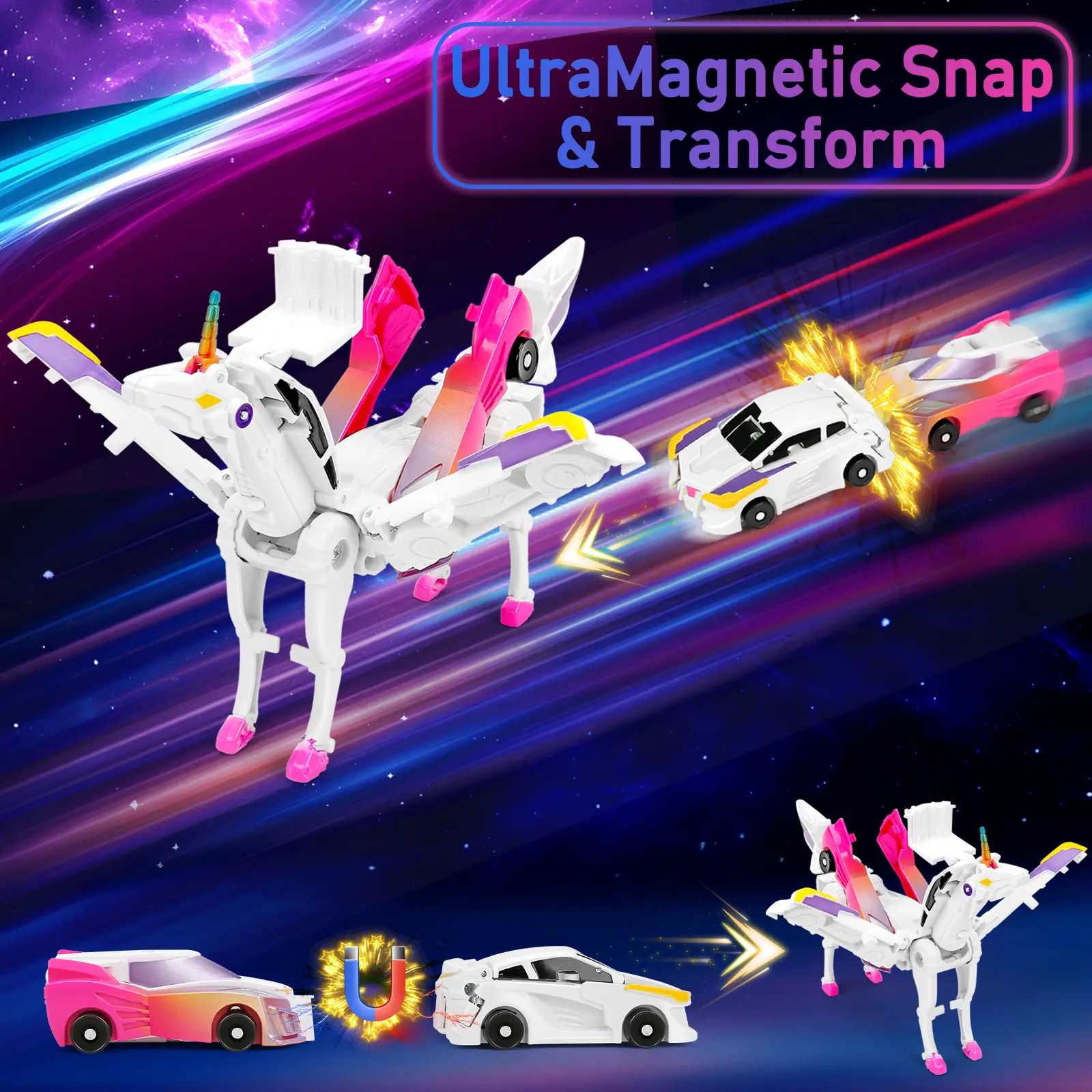 Unicorn Transforming Car Robot Toys,Transform Racing Car Set,Automatic Deformation of Magnetic Connections for Valentine's Day,Boys and Girls Birthday