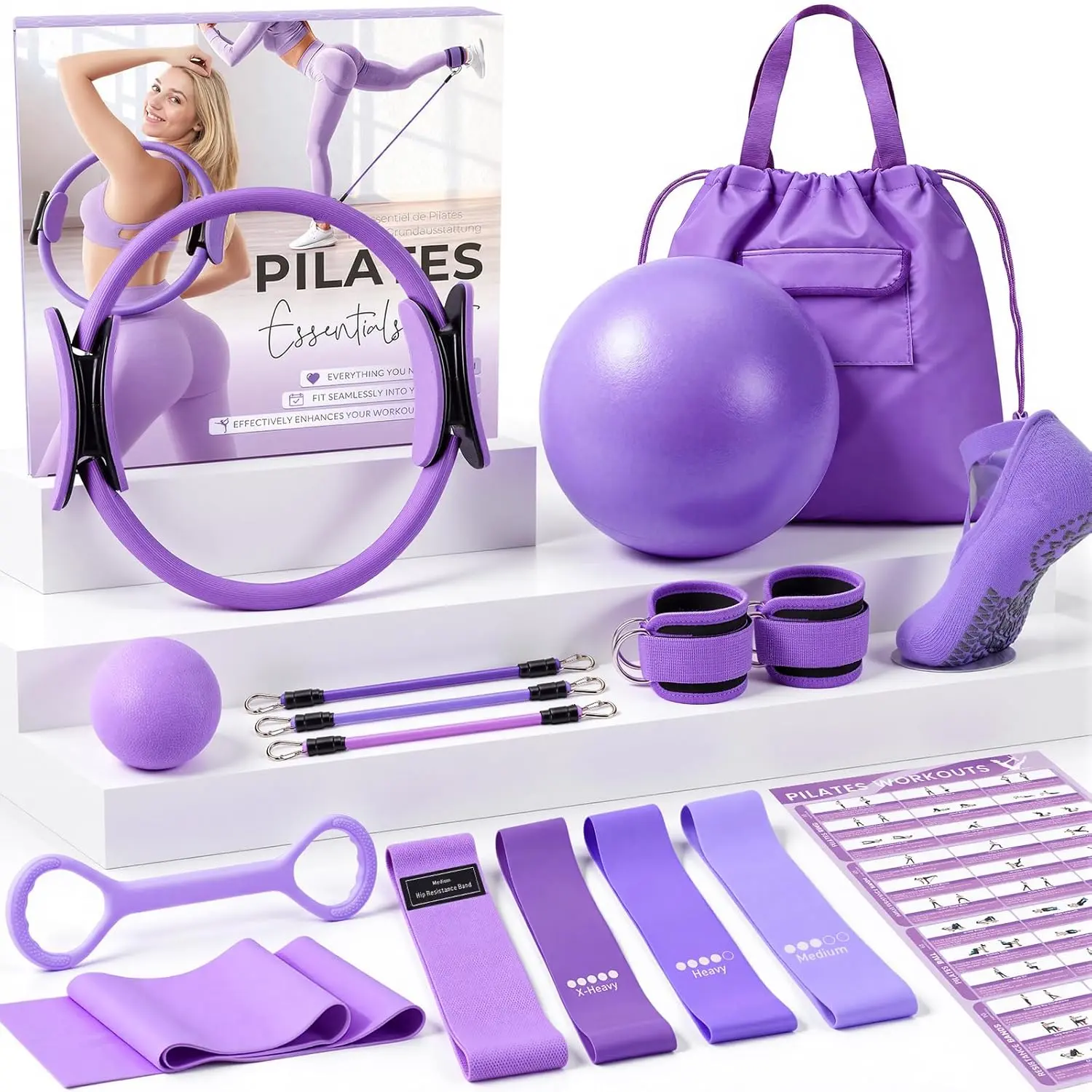 Pilates Kit, Pilates Equipment for  Workouts,  Pilates Essentials Kit for Women with Pilates Ring and Ball Set, Socks, Ankle Resistance Bands with Cuffs, Resistance Band and Massage Ball