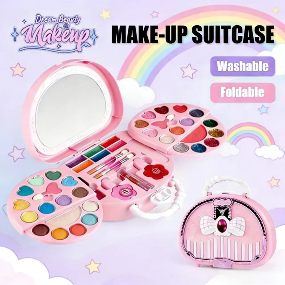 1set Washable Foldable Kids Handheld Makeup Suitcase, Girls Simulation Pretend Makeup Box, Indoor Role Play Leisure Toy, Children Indoor Beauty Game Accessories, Indoor Leisure Equipment