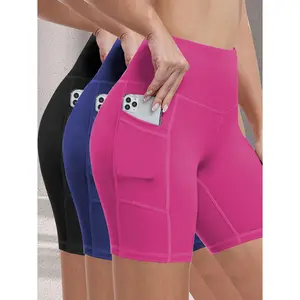 3pcs/Set Plus Size Women's Sportswear Tight Shorts High Waist Elastic Abdomen Control Yoga Shorts With Pockets