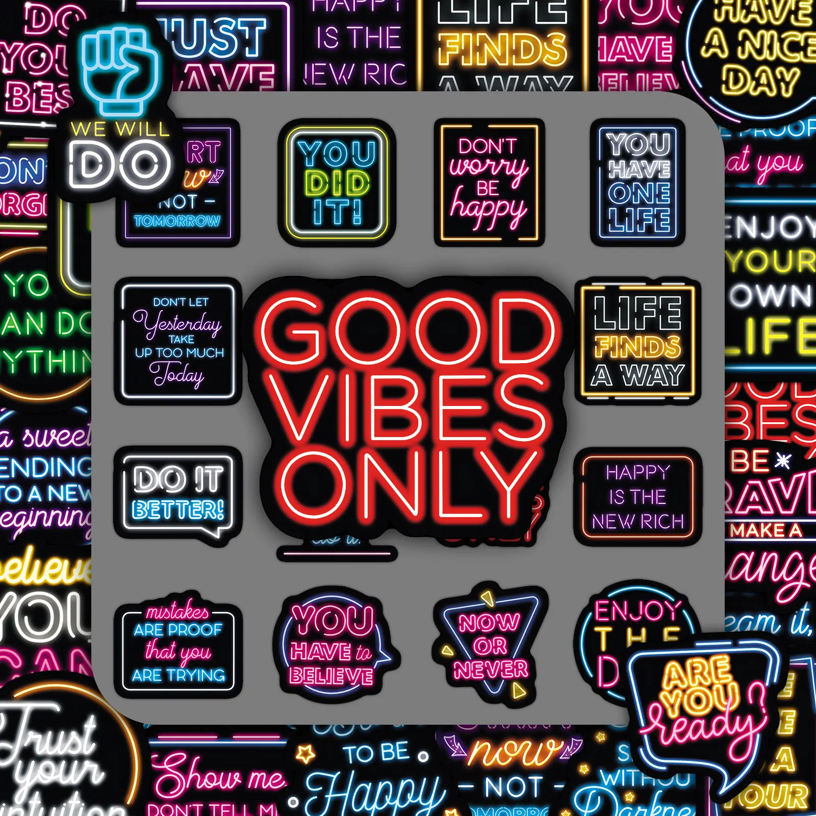 50PCS Glow Motivational Stickers - Neon Positive Quotes for Laptop, Water Bottle & Bullet Journal Decor, Decoration, Social Media Decal Sticker Packs