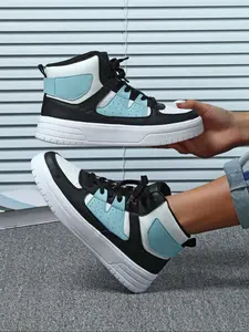 Women's Fashionable Colorblock Patchwork Lace Up Mid Top Sneakers, Trendy Walking Sneaker, Casual Athletic Sneakers, Casual Comfortable Breathable Sports Shoes, Female All-match Round Toe Shoes for Daily Wear
