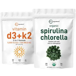 Micro Ingredients Sunshine & Sea Bundle: Vitamin D3 5000iu + K2 & Organic & Chlorella Spirulina Tablets Bundle Healthcare Dietary