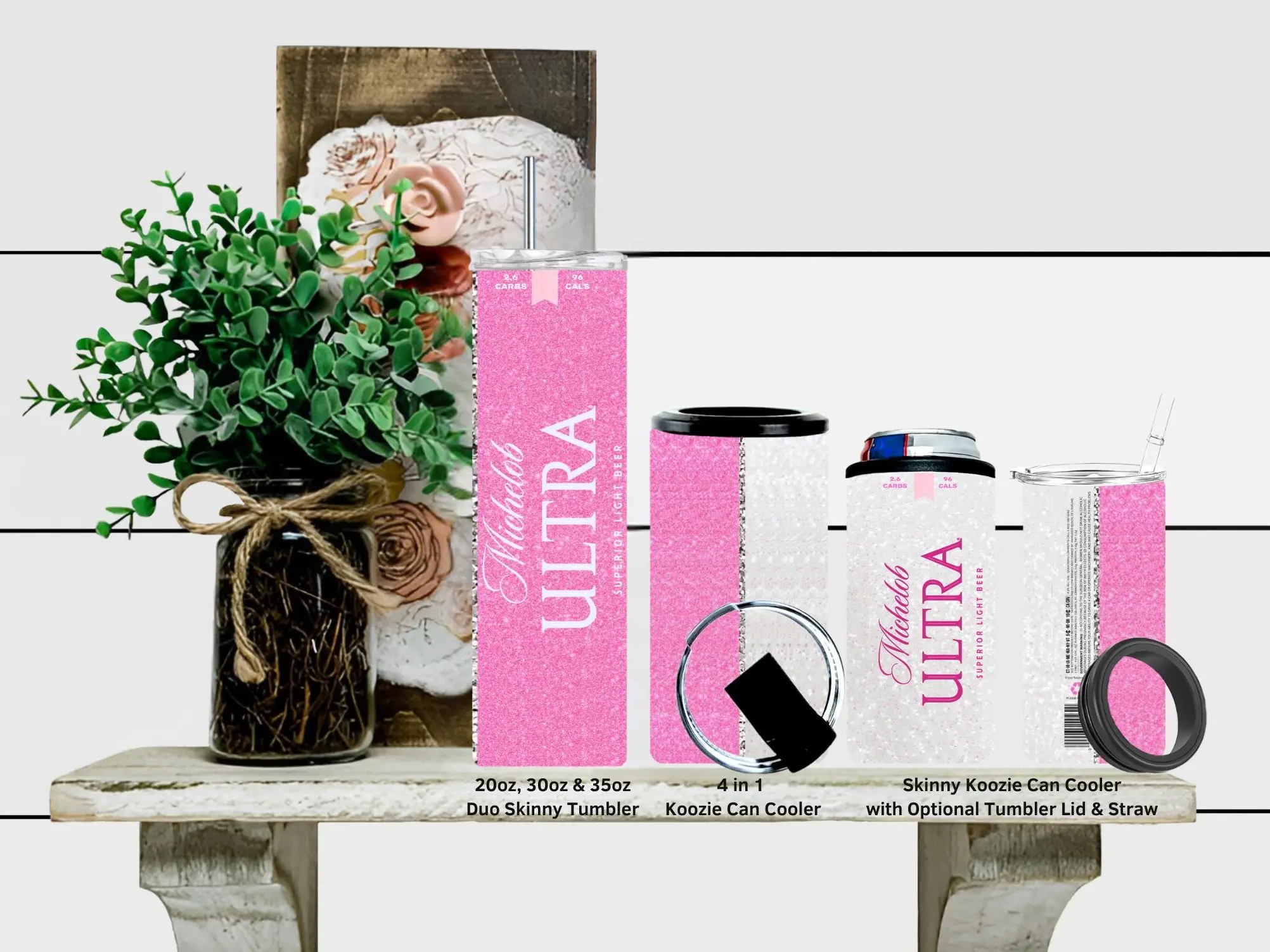 "Light Pink Mich Ultra" Skinny or 4 in 1 Koozie Can Cooler Stainless Steel