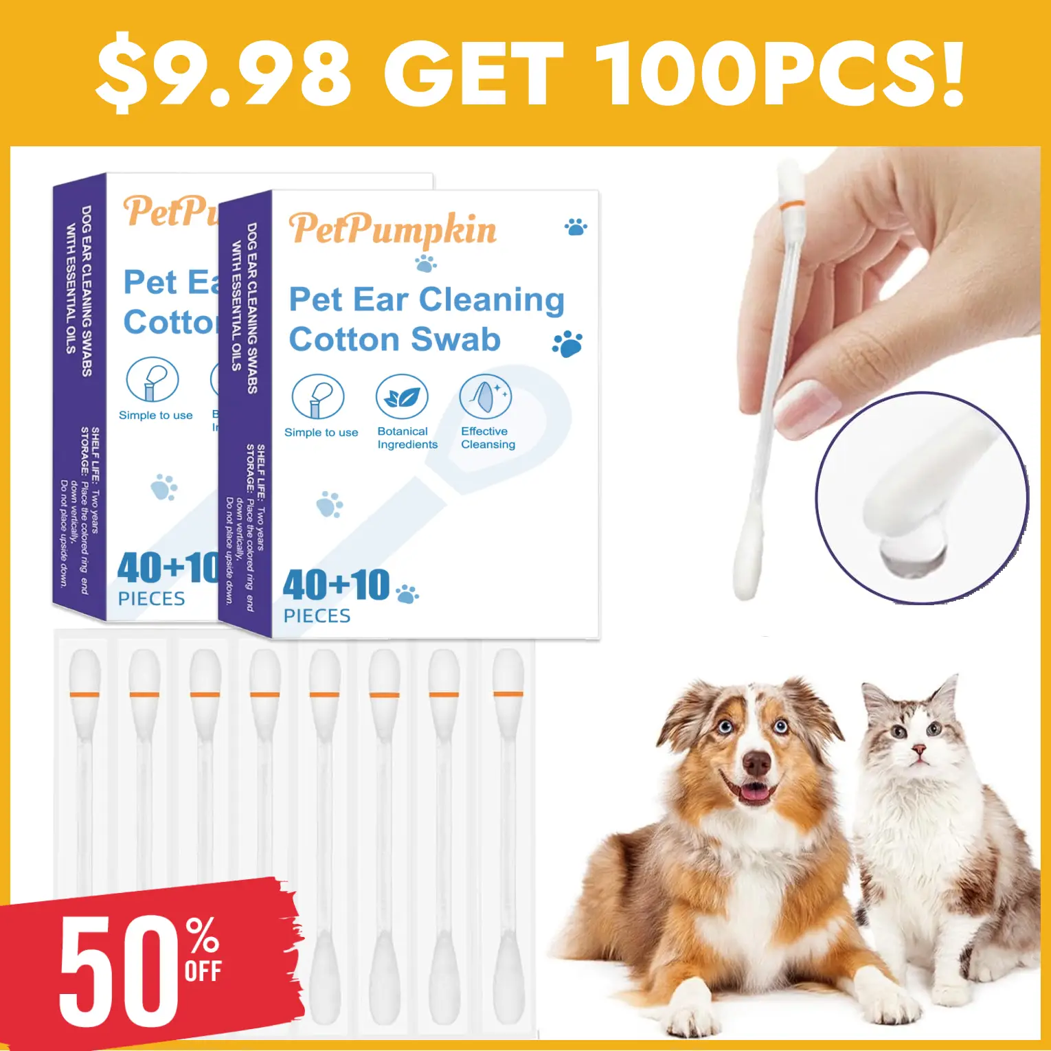 2-in-1 Pet Ear Cleaning Liquid Swabs - Cat & Dog Ear Cleaner Solution - Gentle & Effective Ear Care - for Daily Ear Cleaning Removes Wax, Dirt, & Odor