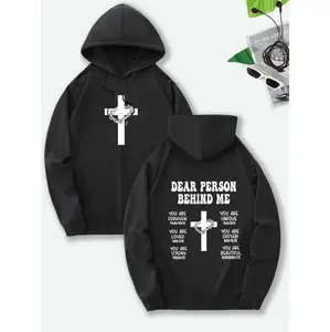 Inspirational Brown Hoodie With Cross And Dear Person Behind Me Print For Men Casual Streetwear Oversized Pullover With Kangaroo Pocket