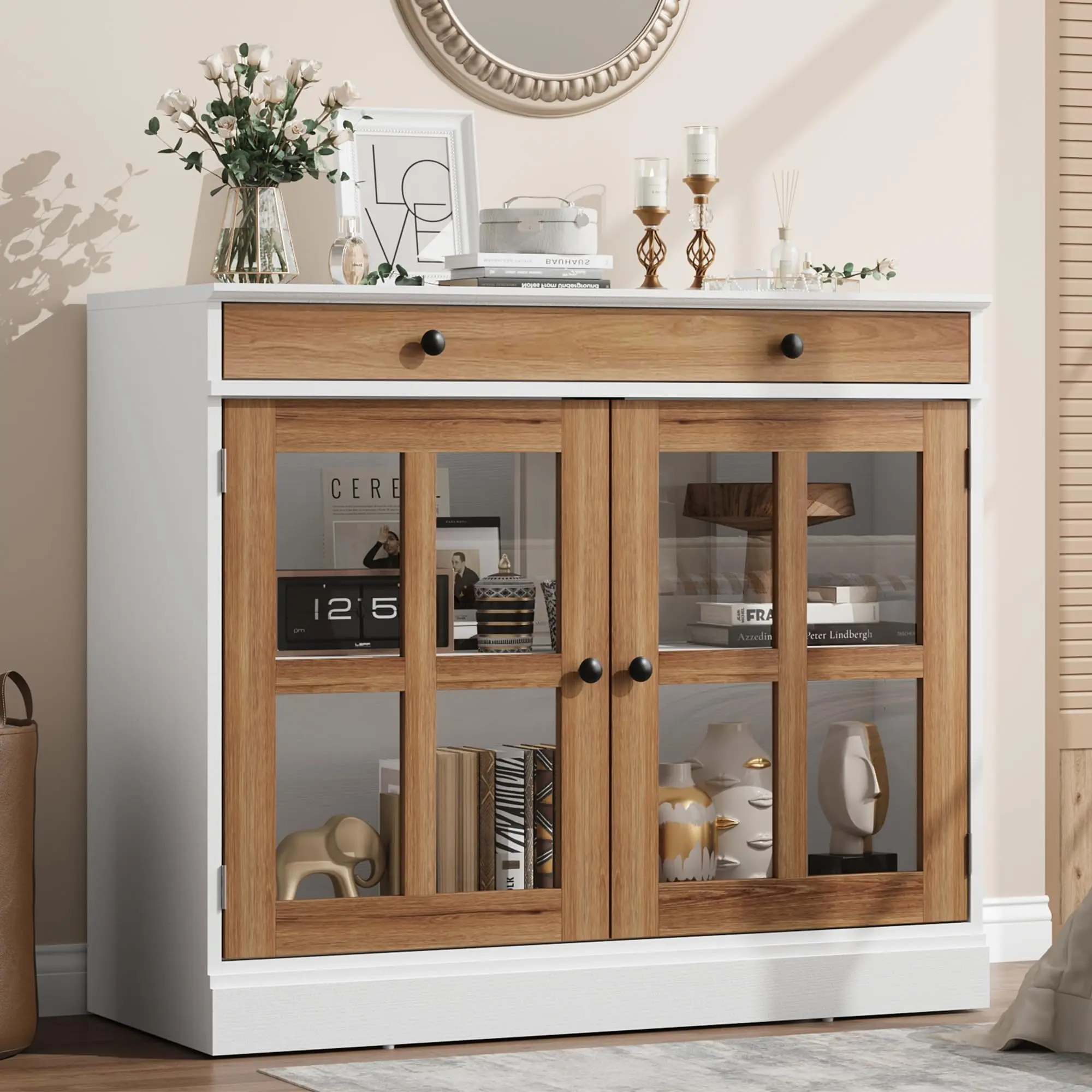 White & Brown 35.4 in Sideboard Buffet Cabinets with Glass Door,Buffet Cabinet with Storage,White Sideboard Cabinet with Drawer,Modern Buffets & Sideboards for Dining Room,Kitchen