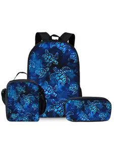 Turtle pattern printed 17-inch backpack three-piece set (single-layer backpack + shoulder strap lunch bag + single-layer pencil bag)