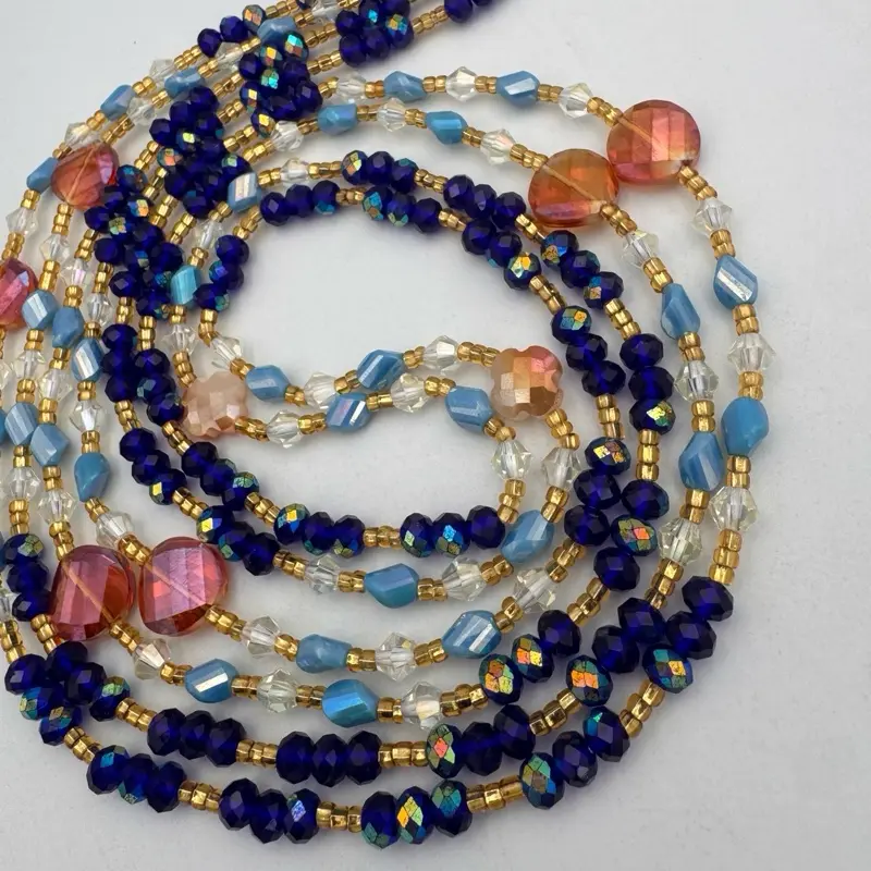 Blue Luxury Tie-On Waist Beads | Faith-Inspired Body Jewelry | Handmade Waist Beads for Women 45"