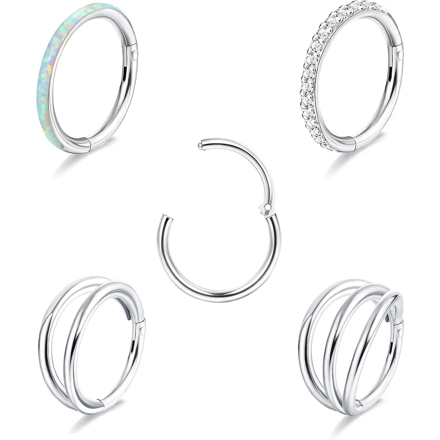 Unisex 5-Piece Surgical Steel Hinged Clicker Hoop Piercing Jewelry Set, 16G/18G with CZ & Opal for Nose Piercings, Septum, Affordable, Fashion, Body Jewelry Set, Cubic Zirconia, Cz Opal Stones, Surgical Steel Piercing Jewelry