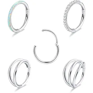 THUNARAZ 5 Pcs Golden Silvery Simple Septum Body Piercing Jewelry 316F Surgical Steel Nose Rings Hoop for Women Men 16G 18G CZ Opal Hinged Lip Nose Rings 8/10mm Daith Helix Cartilage Hoop Conch Earrings Clicker for Vocation Music Parties Christmas Gift