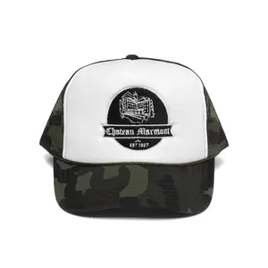 Chateau Marmont Crest Trucker Hat Camo Foam with Black Embroidery Stylish Unisex Accessory for Various Occasions