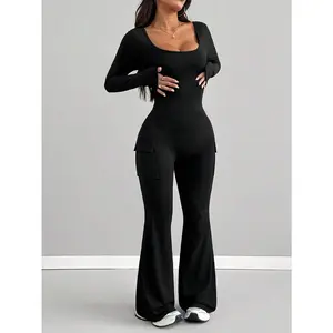 AITYI Women's Jumpsuit, Casual Utility Pockets Fashion Sexy Slim Fit Versatile U-Neck Outdoor, Suitable For Graduation, Back To School, Halloween, Autumn/Winter Elastic Knit Long Sleeve Flared Leg Jumpsuit