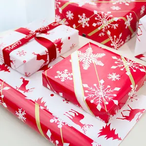 Christmas Reindeer & Snowflake Double Sided Gift Wrapping Paper, 17 X 590 Inch Roll with Stickers, Ideal for Teens and Families, Gift Wrapping Supplies