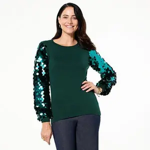 Nina Leonard Sequin Sleeve Pullover Sweater