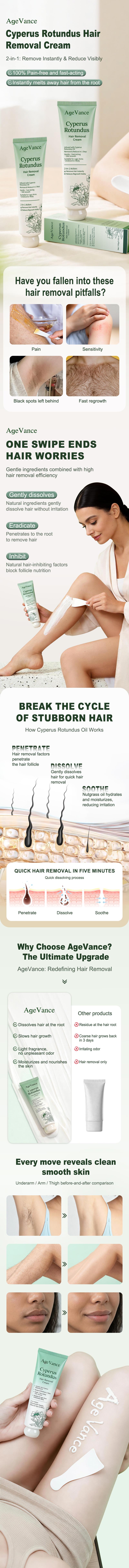 AgeVance Cyperus Oil Hair Removal Cream Painless Hair Removal Reduces Regrowth Silky Smooth Skin For Legs Arms Underarms Bikini Area Long Lasting Hair Free For Women Men  Use Natural Extracts  Vegan Friendly Gentle Depilatory