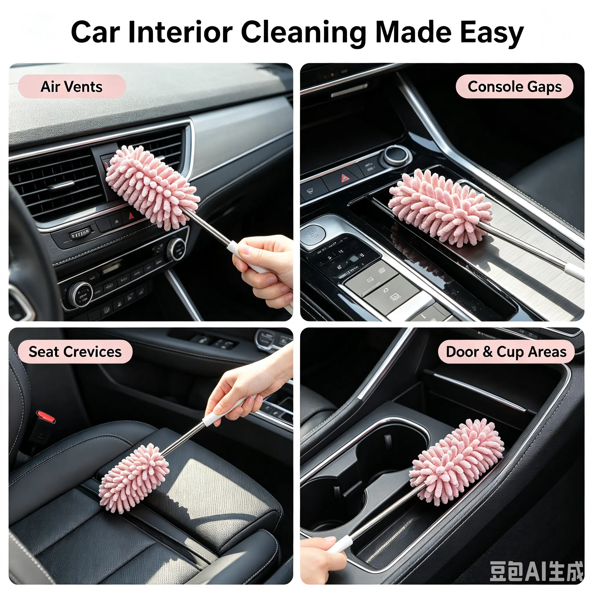 Telescopic Car Cleaning Brush, Extendable Interior Duster with Flexible Pink Head, 10.63 to 30.31 in, Compact Dusting Brush for Dashboard, Vents, Windshield, Console, Home Shelves & Blinds