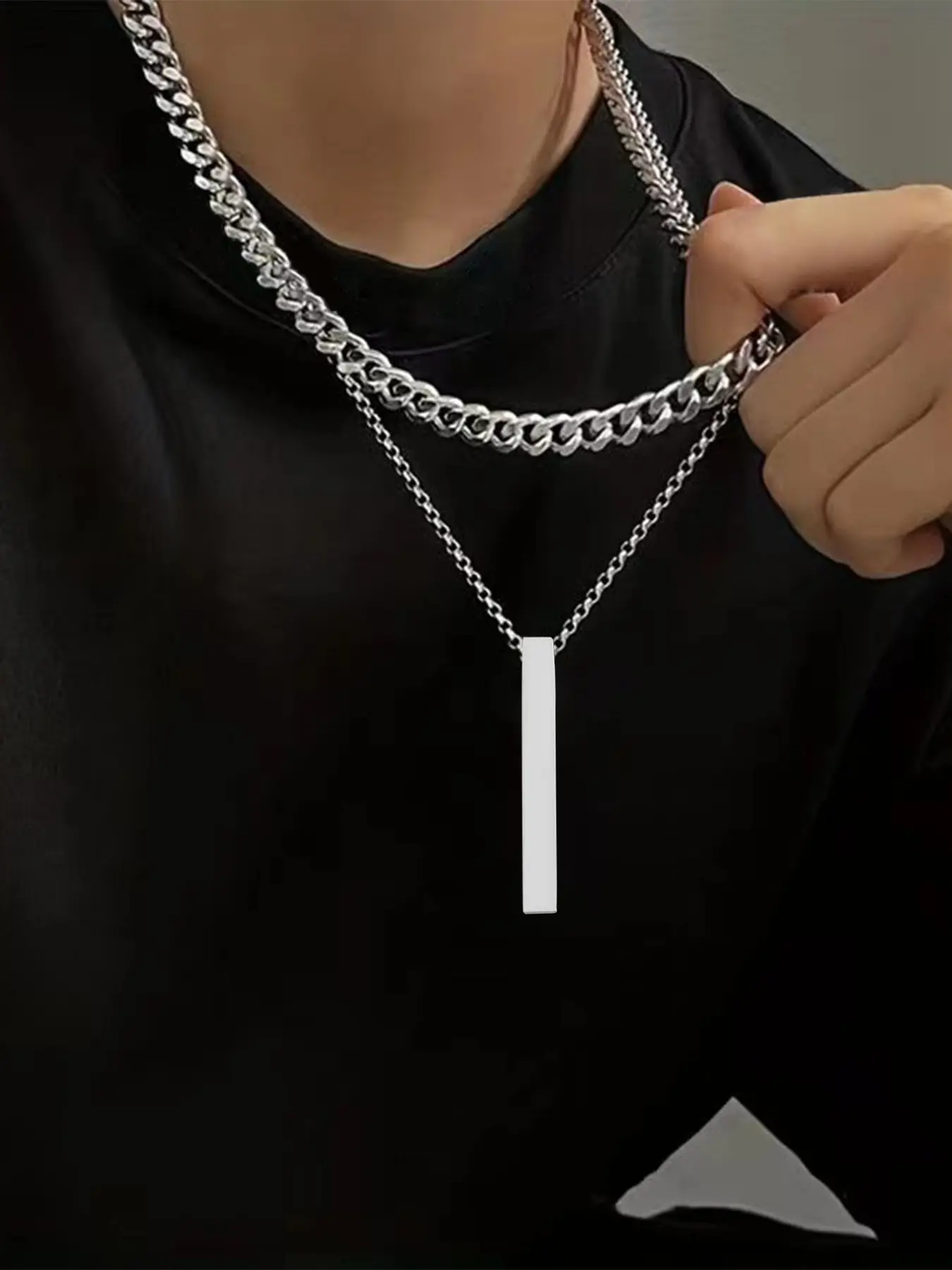 2 Piece Men's Necklace Set, Stylish Casual Geometric Stainless Steel Pendant Necklace for All Seasons, Trendy Jewelry for Modern Men, Chunky Chain Necklace