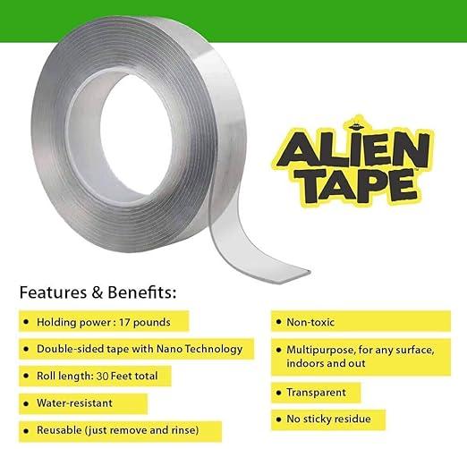 Alien Tape – Heavy-Duty Double-Sided Nano Adhesive Tape, Multipurpose, Removable & Washable, Transparent, for Mounting, Hanging, Carpet, Photo Frames, Posters & Décor