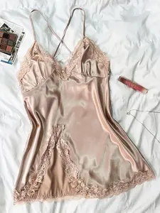 Women's Contrast Lace Split Thigh Satin Cami Nightdress, Bride's Nightgown, Elegant Criss Cross Backless Nightgown, Women's Summer Sleepwear, Summer Outfits 2024, National Day Offers