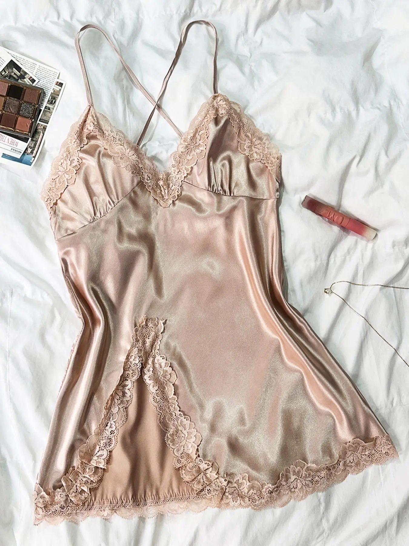 Women's Contrast Lace Split Thigh Satin Cami Nightdress, Bride's Nightgown, Elegant Criss Cross Backless Nightgown, Women's Summer Sleepwear, Summer O