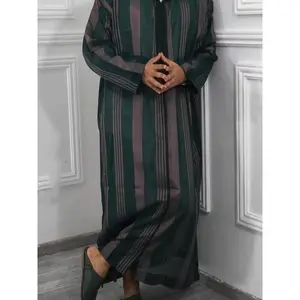 Men's Ethnic Style New Colorblock Striped Long Muslim Robe Thobe Hoodie, Casual Fashion, Comfortable and Stylish, Perfect for Daily Wear
