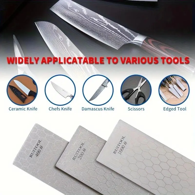 Diamond Sharpening Stone, 200/400/1000 Grit Whetstone, Coarse & Fine Dry & Wet Grinding Lapping Plate with Non-slip Base, Knife Sharpener for Pocket Knives Scissors