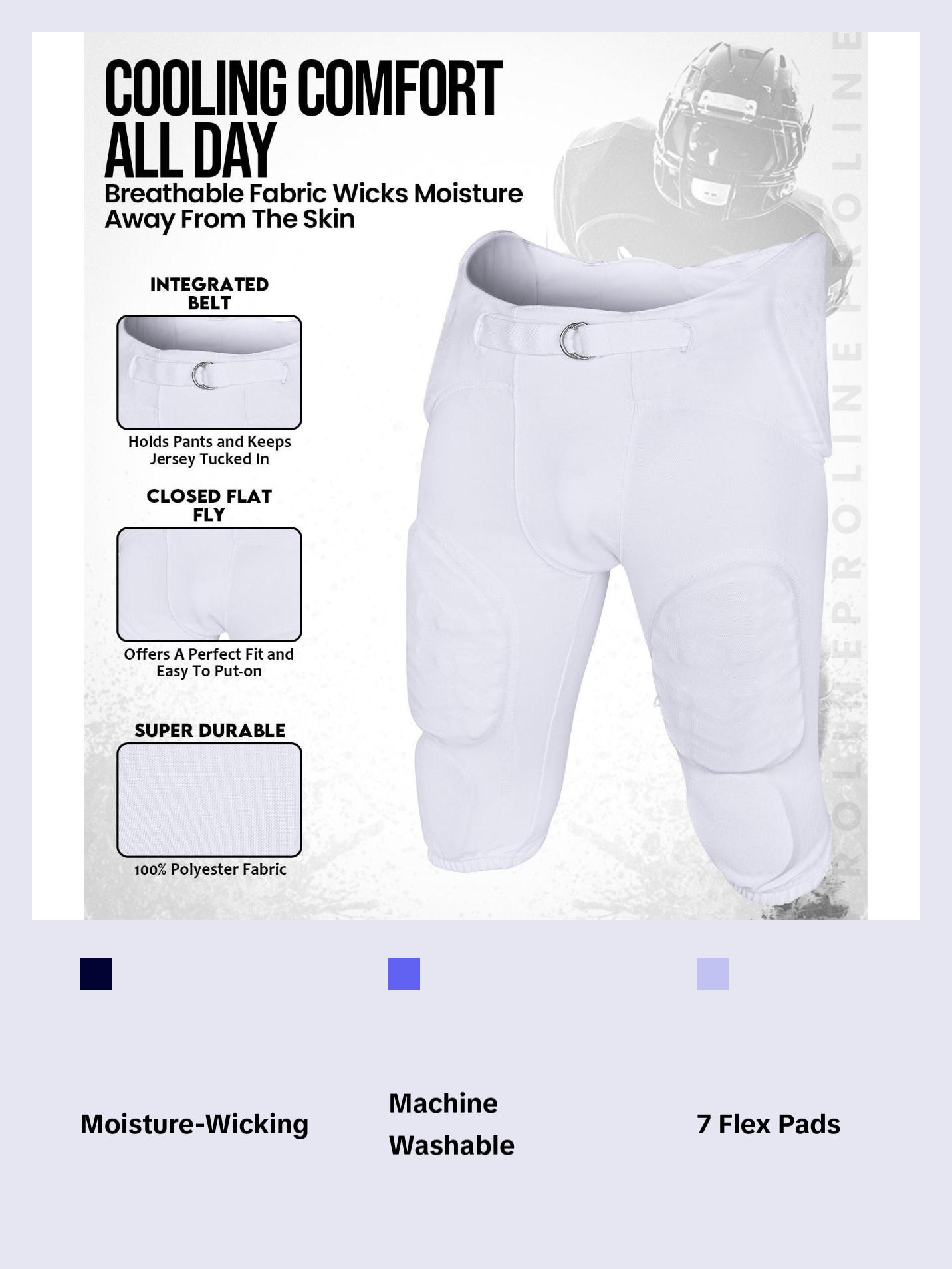 Exxact Sports Proline Youth Integrated Football Pants with 7 Flex Pads Lightweight Practice Trousers for Protection White Athletic Bottoms Active Top