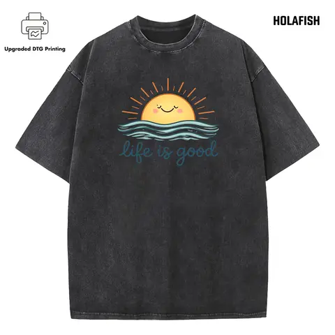 [Upgraded] Holafish Acid Wash T-shirt Vintage Crew Neck Tee Shirt, Cotton Soft Breathable Fabric, Simple Daily Look, Comfortable All-Day Wear for Street Style Back to School Outfits