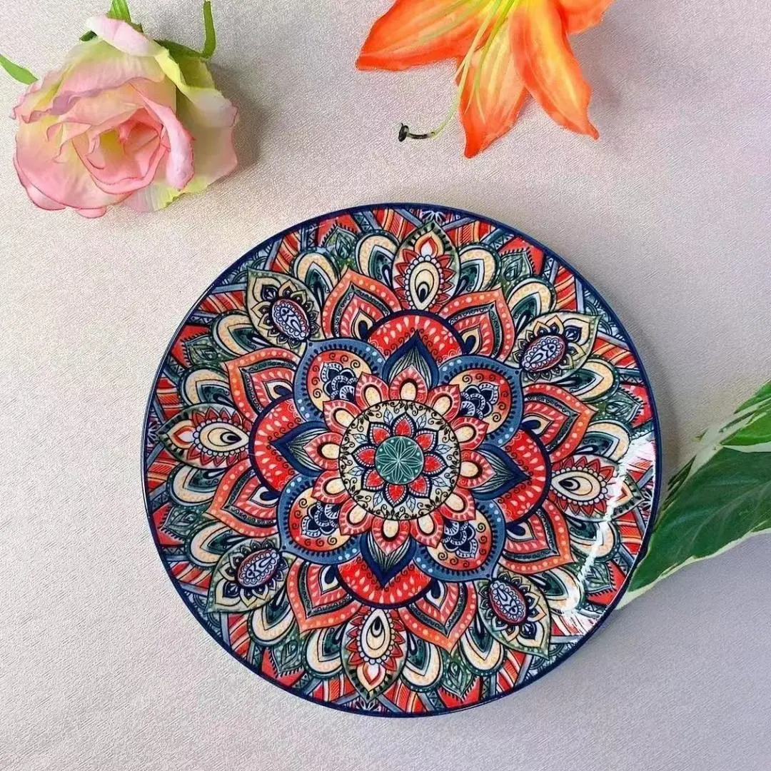 Bohemian Style Plate, Colorful Round Plate, Durable Everyday Dinnerware for Family Gatherings & Holidays