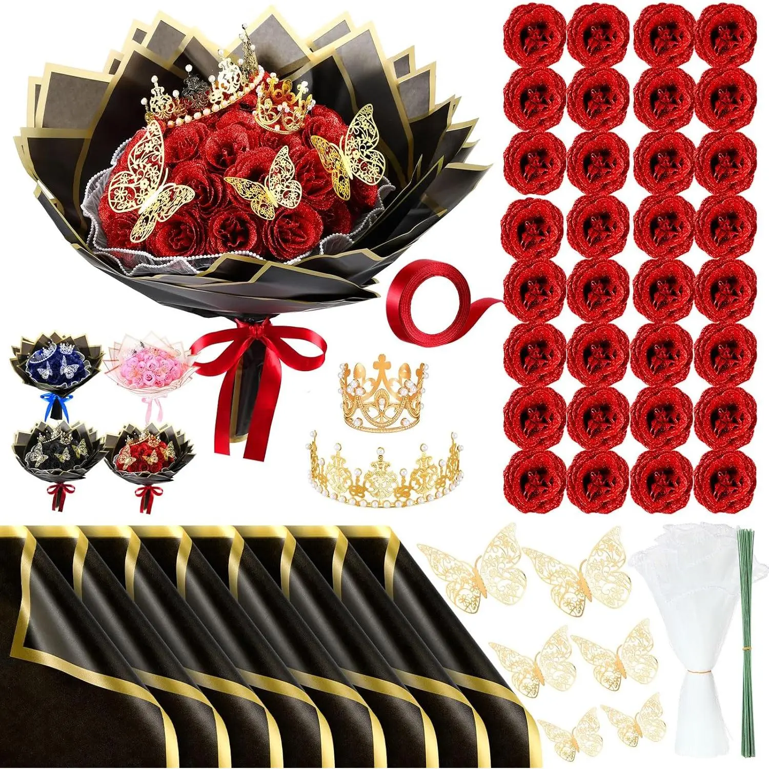 36 Pcs Glitter Roses Bouquet Mother Gifts Mom Artificial Rose DIY Flower Bouquet Kit Fake Flower Wrapping Paper 3D Butterflies Crowns for Women Anniversary Birthday (Red)