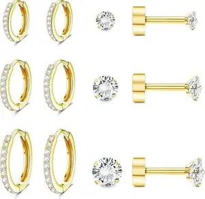 6 Pairs Flat Back Earrings for Women Men, Hypoallergenic Stud Earrings, Golden Stainless Steel Earrings, Flatback Stud,Cartilage Earring Sets for Multiple Piercing, Great for Birthday Gifts, Party, Valentine's Day Gifts