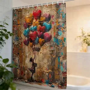 Vintage Graffiti Heart Balloon Shower Curtain, Street Art Bathroom Hanging Curtain, Faded Brick Wall Oil Painting Style, 71x71 Inch Home Decor