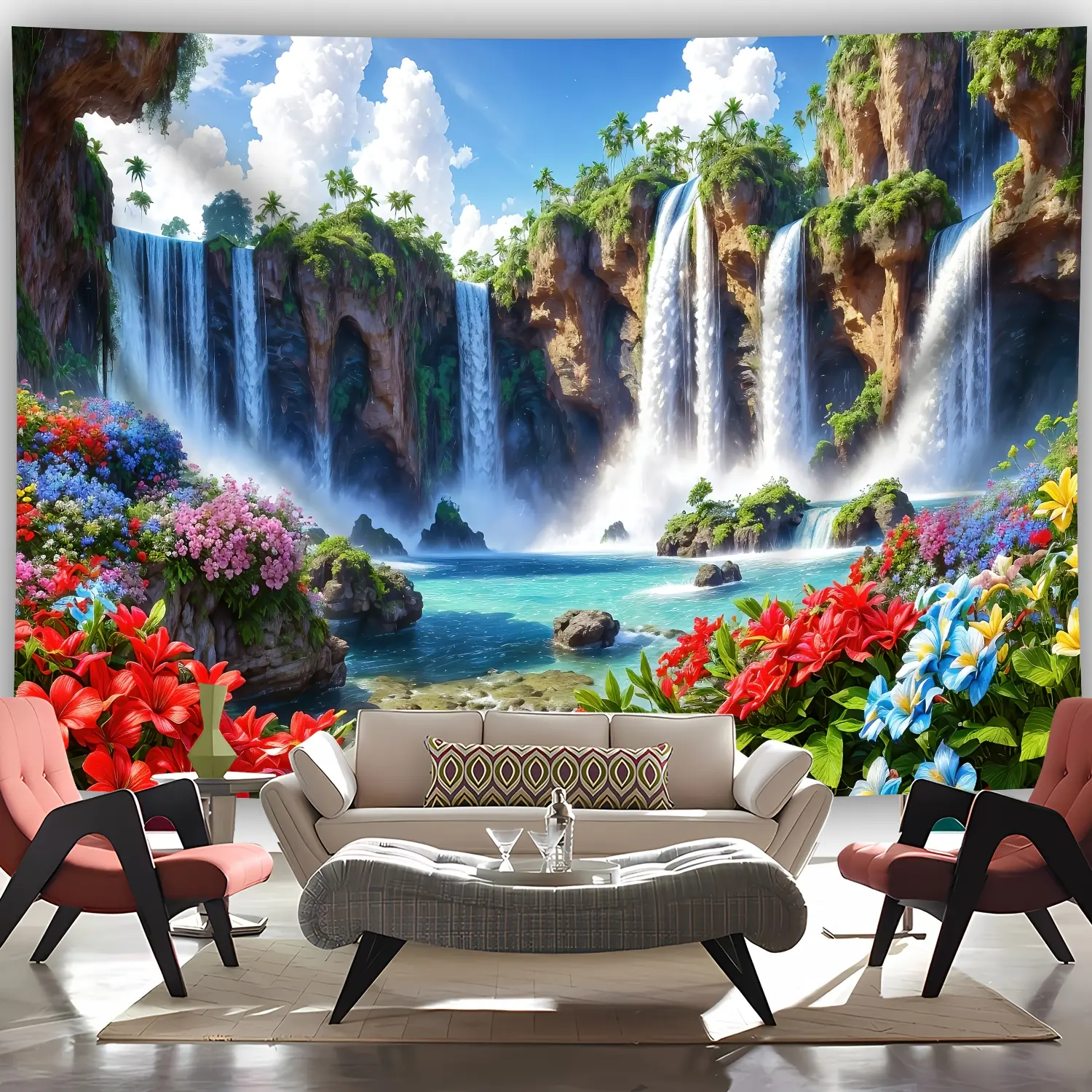 1pc Extra Large Waterfall & Flowers Photo Backdrop Tapestry - Vibrant Landscape Wall Hanging with Lush Greenery, Cascading Falls, and Blooming Flowers - Polyester Fabric for Living Room, Bedroom, Office, or Party Decor - Easy Install, No Electrical Connec