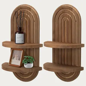 Boho Wall Shelves Set of 2 - Arch Floating Shelves for Bedroom, Wooden Wall Shelf with Layer, Mid Century for Nursery, Living Room & Office