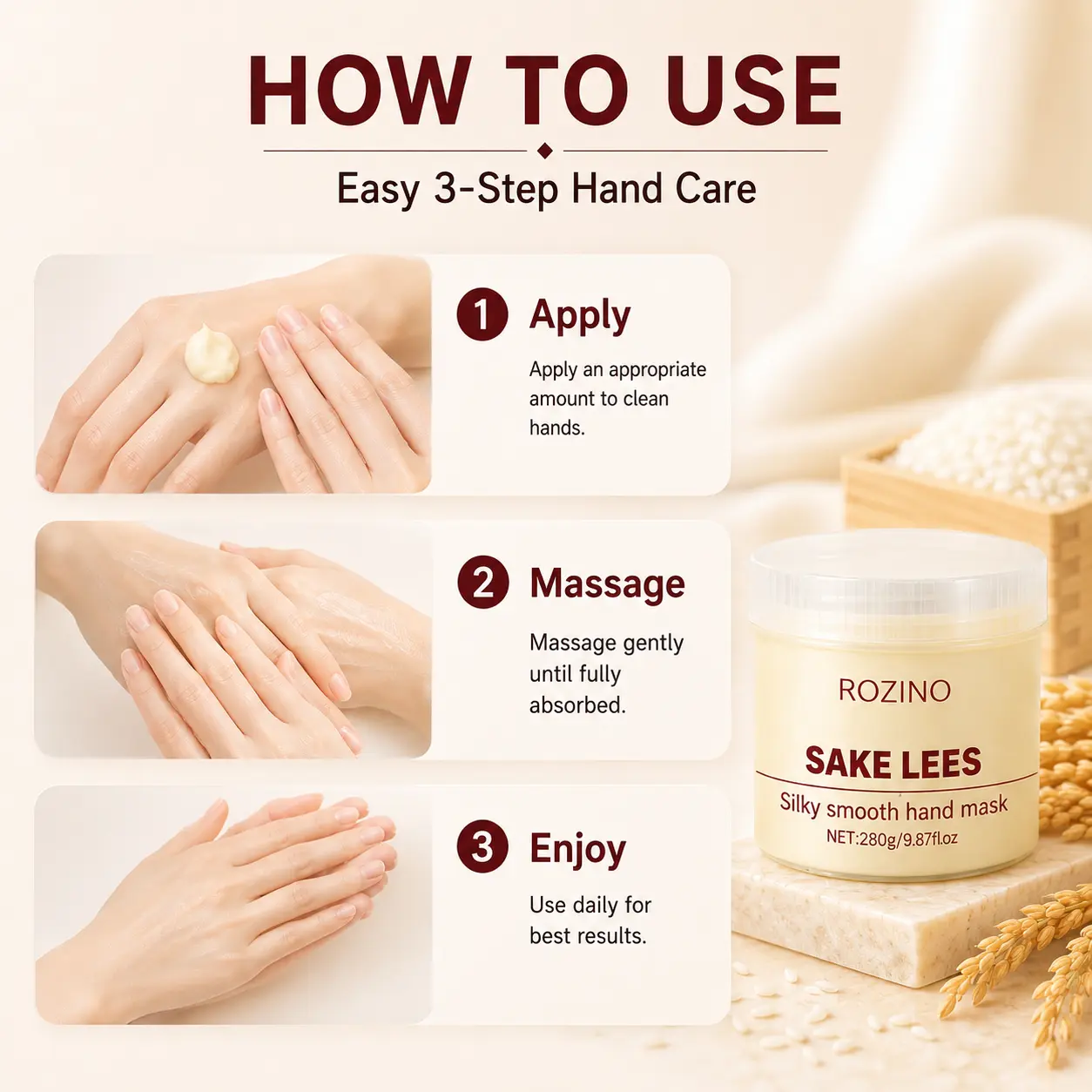 ROZINO Sake Lees Hand Mask - Hydrating Hand Mask for Dry Hands, Moisturizing & Softening Treatment, Helps Improve Roughness and Dull-Looking Skin, 280g