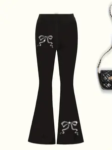 Girl's Bow Print Flare Leg Pants, Casual Comfy Bell Bottom Trousers for Daily Wear, Kids Bottoms for All Seasons