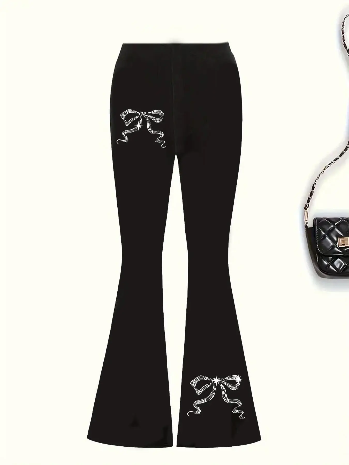 Girl's Bow Print Flare Leg Pants, Casual Comfy Bell Bottom Trousers for Daily Wear, Kids Bottoms for All Seasons