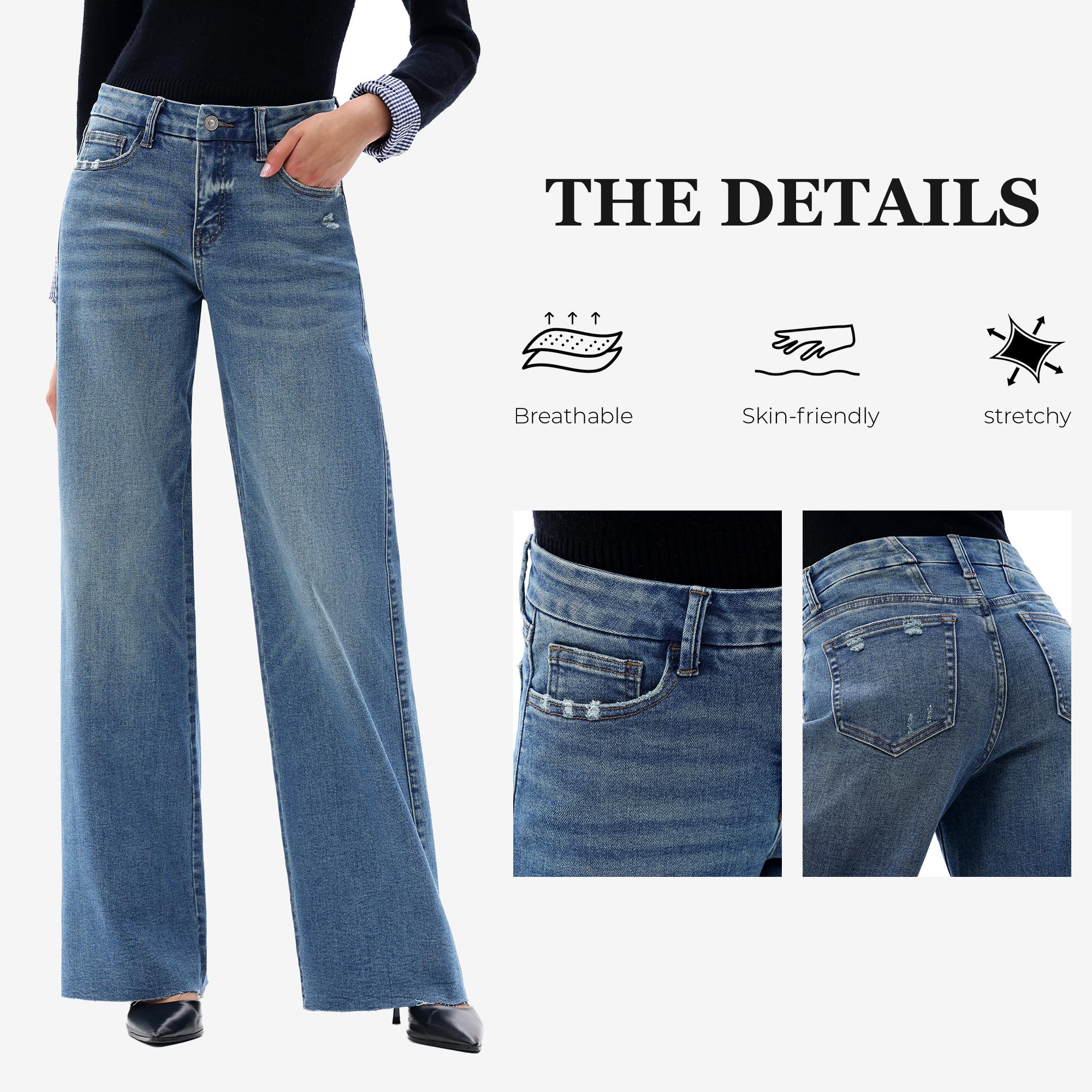 ONESO Mid-Rise High Stretchy Loose Baggy Wide Leg Jeans Tummy Control BBL Raw Hem Denim Pants Womenswear Bottom Comfortable  Denim Jeans