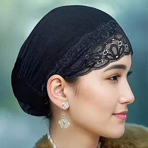 Elegant Women's Modest Moisture-Wicking Polyester Headscarf with Lace Trim - Stretchy Soft Breathable Fabric, Perfect for Ramadan Daily Wear | Novelty Clothing and Accessories for Women