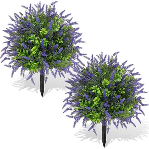Artificial Topiary Lavender Ball Tree Outdoor  with Ground Spike 22"- UV Resistant Faux Shrubs, Eucalyptus   for Indoor & Garden, Yard, Porch, Patio Decor