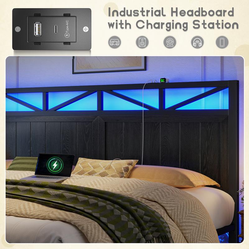 Raybee LED Bed Frame with Charging Station & 2 Drawers, No Mattress, Farm Style Full Queen King Size Bedframe with Headboard & 2 Wooden Drawers, Noise Free, Holds 900lbs, No Box Spring Needed