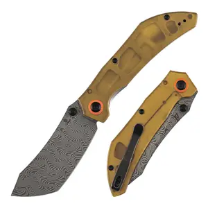Tenable Tipper Folding Knife | 3.39'' Damascus/Nitro V | Amber PEI/Ultem /Micarta /G10 Handle | Professional Grade Hardware  for Mechanics & EDC Enthusiasts| Edgy Bladeworks Design | B1079Series
