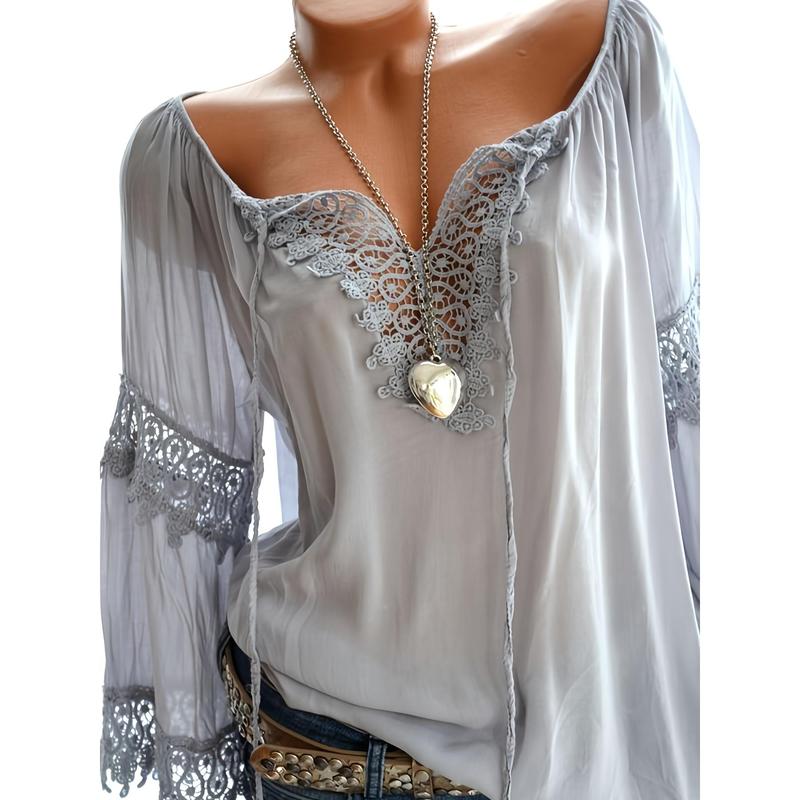 Women's plus Size V-Long Sleeve Top with Elegant Edges and Heart-Shaped Pendant Details, Spring/Autumn See-through White Casual Wear