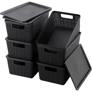 6 Pack Plastic Storage Baskets With Lids,Black Breathable Stackable Storage Bins,Small Storage Containers,for Organizing Storage Baskets on Desktops,Closets,Playrooms,Classrooms,Offices