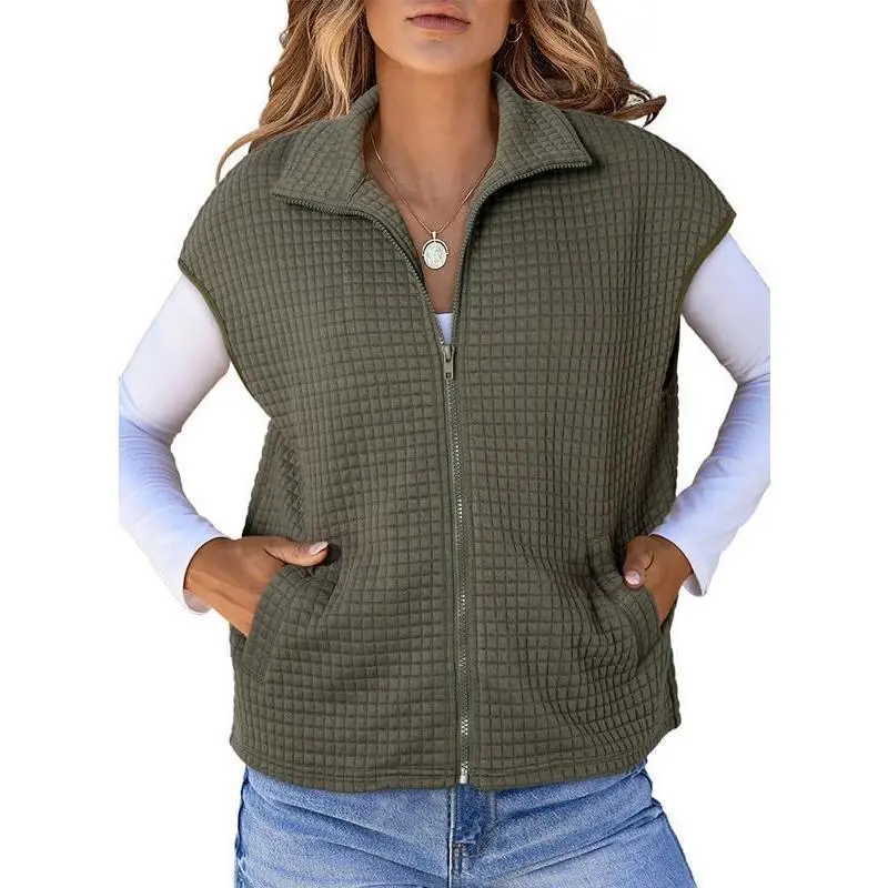 Womens Vest Tops 2025 Zipper Up Cap Sleeve Side Pockets Waffle Knit Sleeveless Oversized Vests