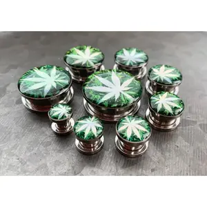 PAIR of Unique Hologram Pot Leaf Screw Fit Surgical Steel Tunnels/Plugs - Gauges 2g (6mm) thru 1" (25mm)
