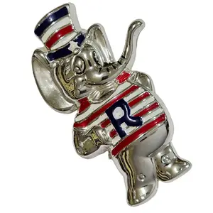 Vintage Signed Best Chrome and Red, White & Blue Enameled Republican Elephant Brooch Pin