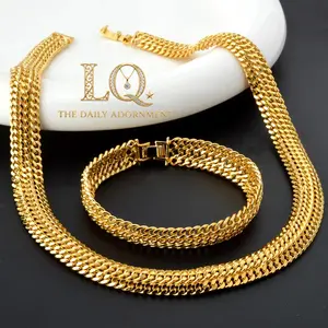 LQ Viral 2-Piece Miami Cuban Link Chain Set - 12mm 18K Gold Plated Chunky Necklace & Bracelet - Heavy Flat Curb Choker - Classic Hip Hop Streetwear Jewelry Gift for Women  (Gold Tone)